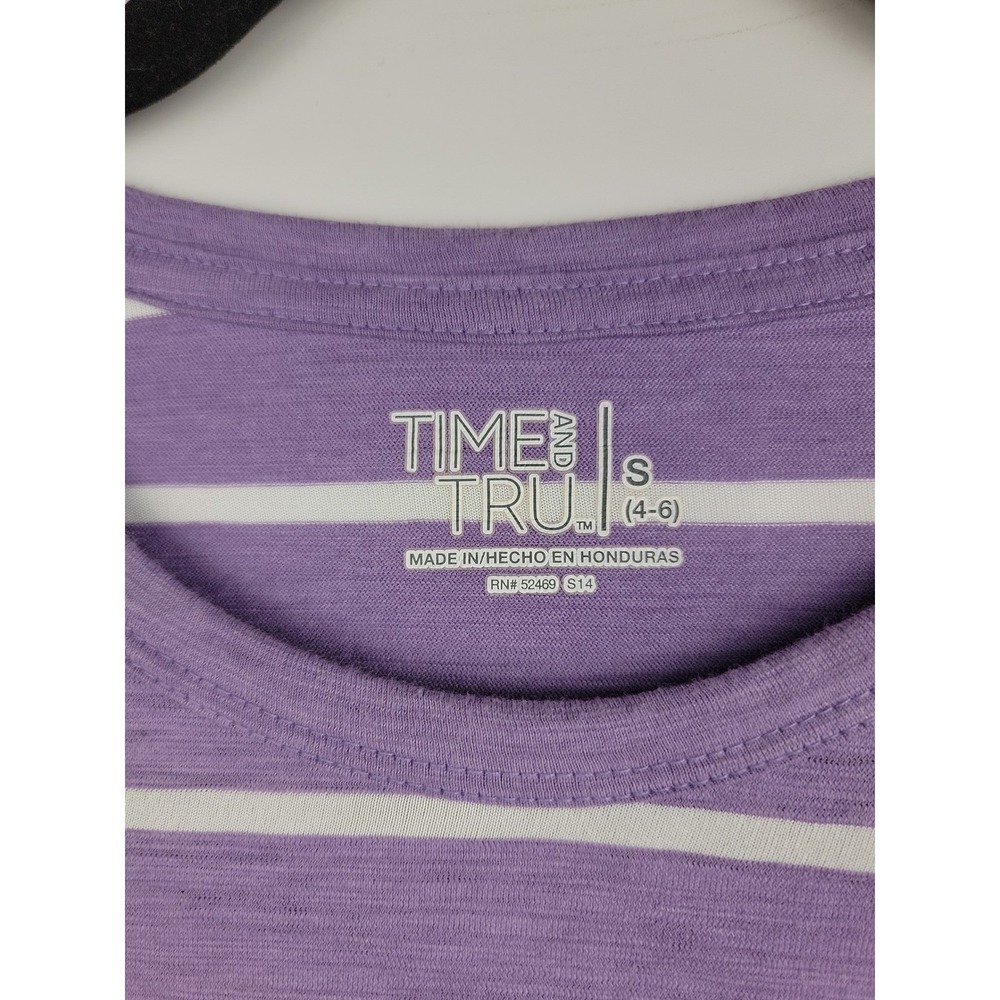 Time and Tru Womens Purple White Striped Short Sleeve Crewneck Tee Shirt S 4-6 - Picture 2 of 10